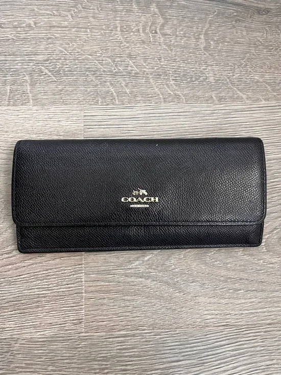 Coach Black Pebbled Leather Foldover Wallet with Logo - Picture 2 of 6